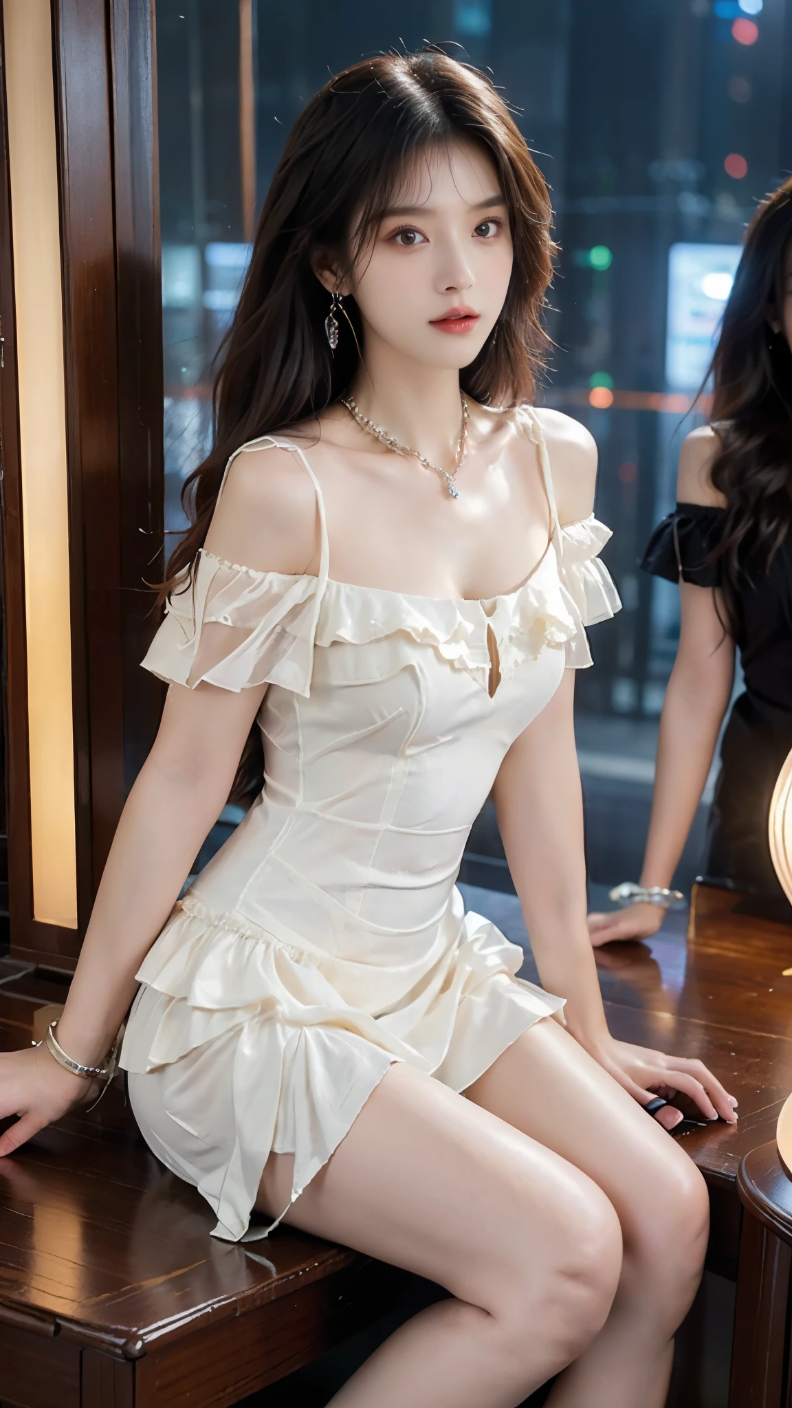 lullaby dress
off shoulder dress
frills, ((whole body)), ((Shot from random angles)), ((Sitting)), (yushuxin,1 Girl,Solitary), Clear face, Pretty Face, 8K, masterpiece, original photo, best quality, detail:1.2,lifelike, detail, Very detailed, CG, Unite, wallpaper, Depth of Field, Movie Lighting, lens flare, Ray Tracing, (Extremely beautiful face, Beautiful lips, beautiful eyes), complex, detail的脸, ((ultra detailed skin)), 1 girl, in the darkness, Deep Shadows, Beautiful Korean girl, Korean Idol,(Very slim figure:1.3), Full breasts, Large Breasts, Slender sexy legs, Very beautiful legs, Elegant Posture, (A bright smile), (City night, (Neon), (night), Beautiful Korean girl, White Diamond Earrings, Bracelet diameter, Deya Necklace, Clear eyes, (big eyes)