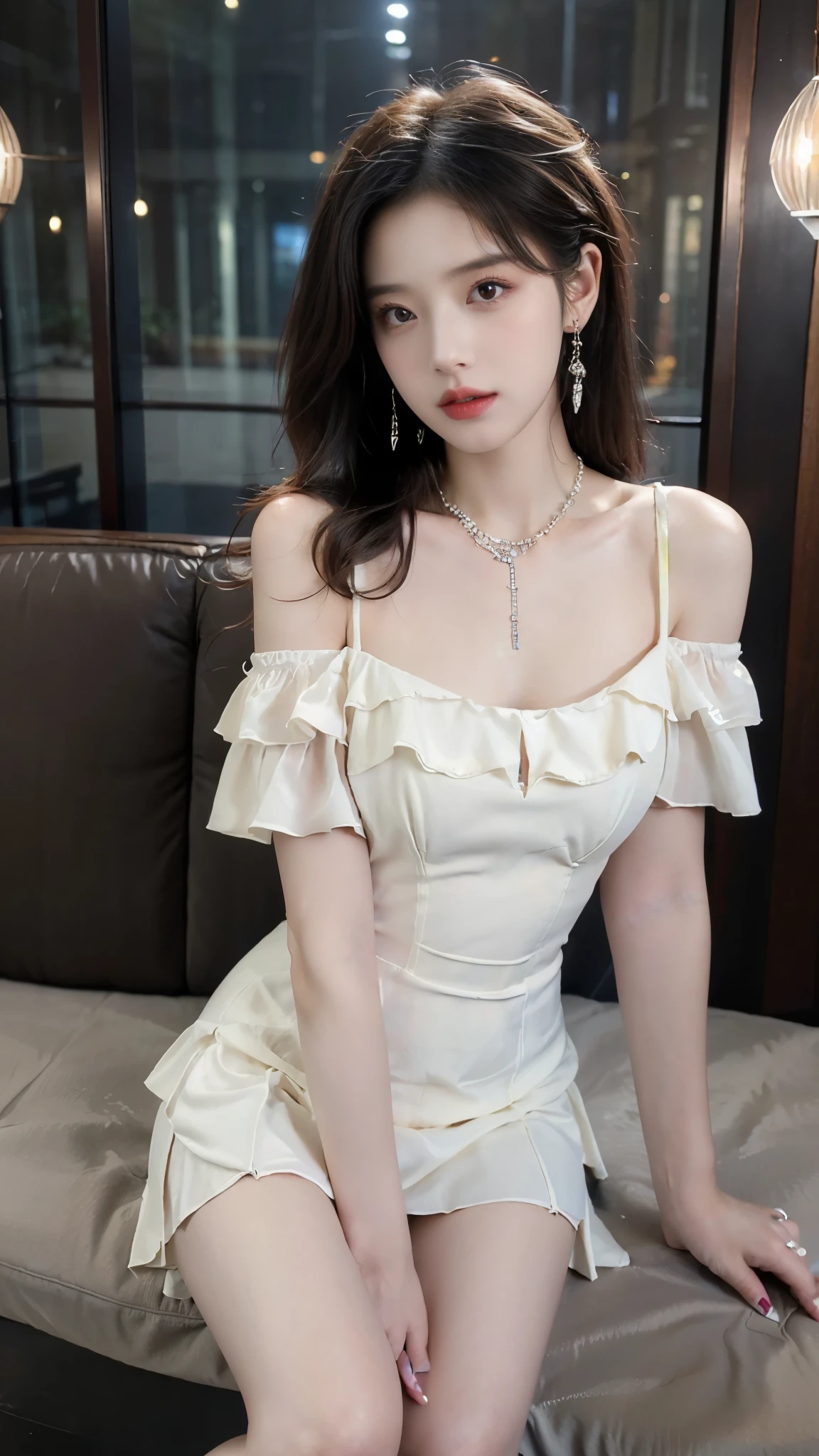 lullaby dress
off shoulder dress
frills, ((whole body)), ((Shot from random angles)), ((Sitting)), (yushuxin,1 Girl,Solitary), Clear face, Pretty Face, 8K, masterpiece, original photo, best quality, detail:1.2,lifelike, detail, Very detailed, CG, Unite, wallpaper, Depth of Field, Movie Lighting, lens flare, Ray Tracing, (Extremely beautiful face, Beautiful lips, beautiful eyes), complex, detail的脸, ((ultra detailed skin)), 1 girl, in the darkness, Deep Shadows, Beautiful Korean girl, Korean Idol,(Very slim figure:1.3), Full breasts, Large Breasts, Slender sexy legs, Very beautiful legs, Elegant Posture, (A bright smile), (City night, (Neon), (night), Beautiful Korean girl, White Diamond Earrings, Bracelet diameter, Deya Necklace, Clear eyes, (big eyes)