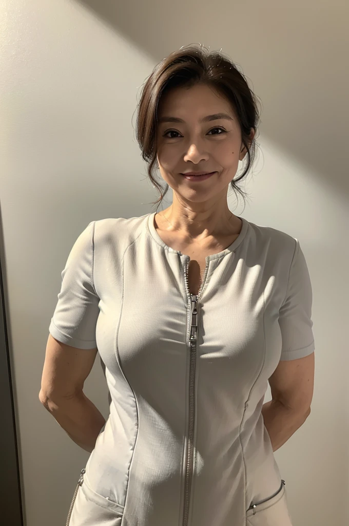 (masterpiece:1.4),(60-year-old woman:1.5),(facial wrinkles 1.2), (hair tied up : 1), A kind smile,maternal, Mature Woman, (dressed as a nurse : 1.2), (white Short sleeve uniform of nurse with single front zipper : 1.3), acnes, skin blemishes, fleckles, hospital, (muscular arms : 1.3), (thick arms : 1.3), Arms folded in front of chest