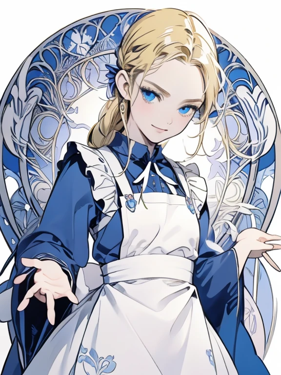 masterpiece, Highest quality, Very detailed, 16K, Ultra-high resolution, Cowboy Shot, Alice in Wonderland, (art nouveau:1.4), anatomically correct, 10-year-old girl, Detailed face, Mischievous Smile, blue eyes, Blonde, Braiding, Long Hair, Ribbon on head, Blue clothes, Plain white apron, 大きなclockのある部屋で, clock, 壁clock