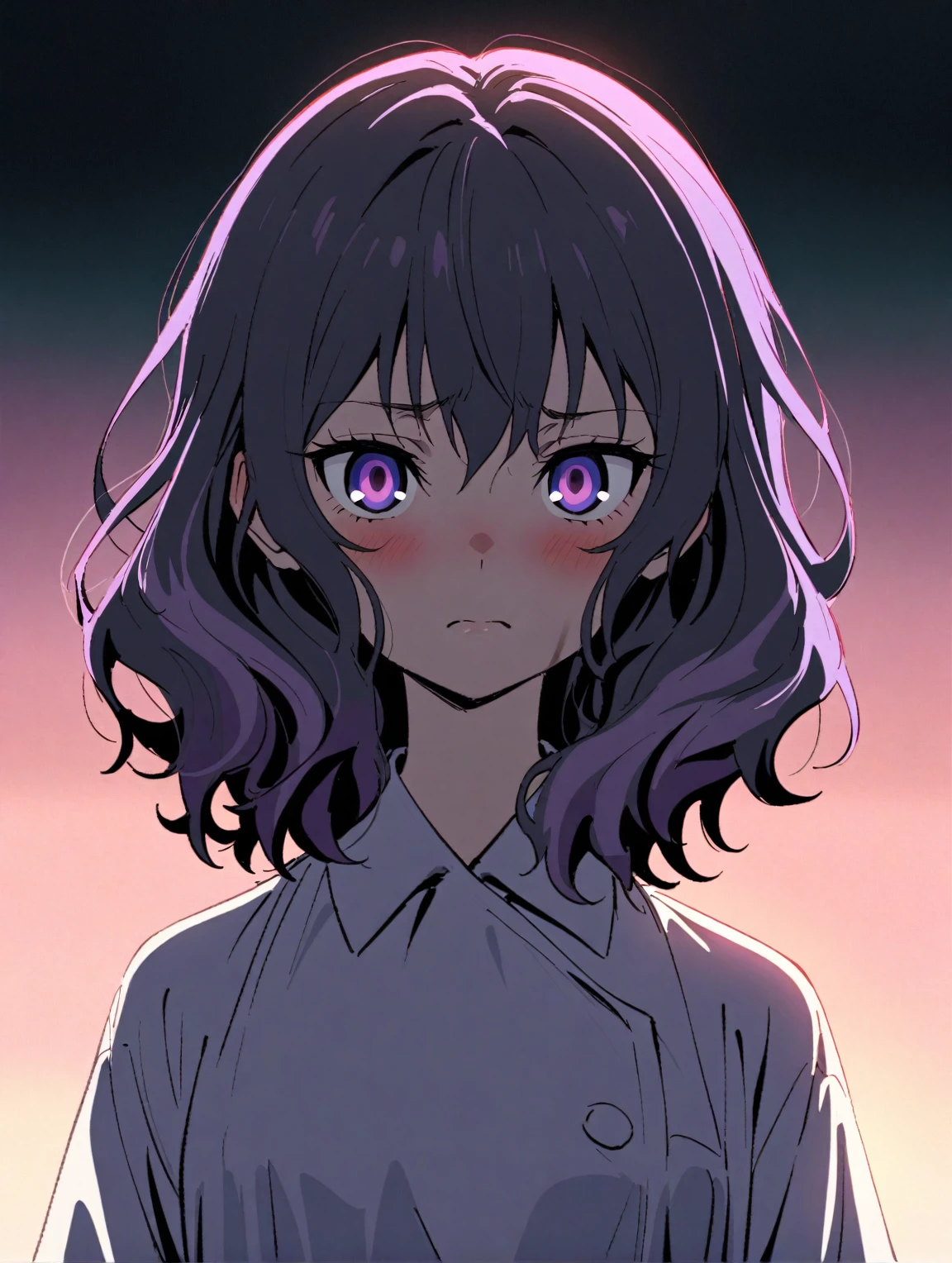 {{{sincos (sinkos), girl, no human, waist-length}}}, 1 girl, nurse wear a medical gown, waist-length, stands directly towards the viewer. Tired face, weak facial expressions. The hair is wavy, gathered at the back of the head, hair red at the ends and ivory at the roots. The skin is not pale. The face is delicate, the cheekbones are not expressed. The eyes are black. Atmosphere – sunset, evening. Predominant colors: blue, lilac, violet - dim, calm. Fill the background with a small shadow from the character.