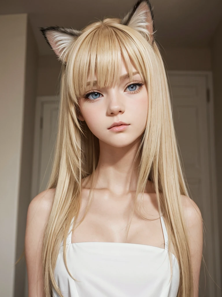 (best quality), 1girl, female, porcelain skin, blonde hair, straight hair, medium hair, swoopy tips, Flipped-up ends, brown eyes, perfect eyes, slender, , (cat ears), small bust, shy, masterpiece, anatomically correct, highres