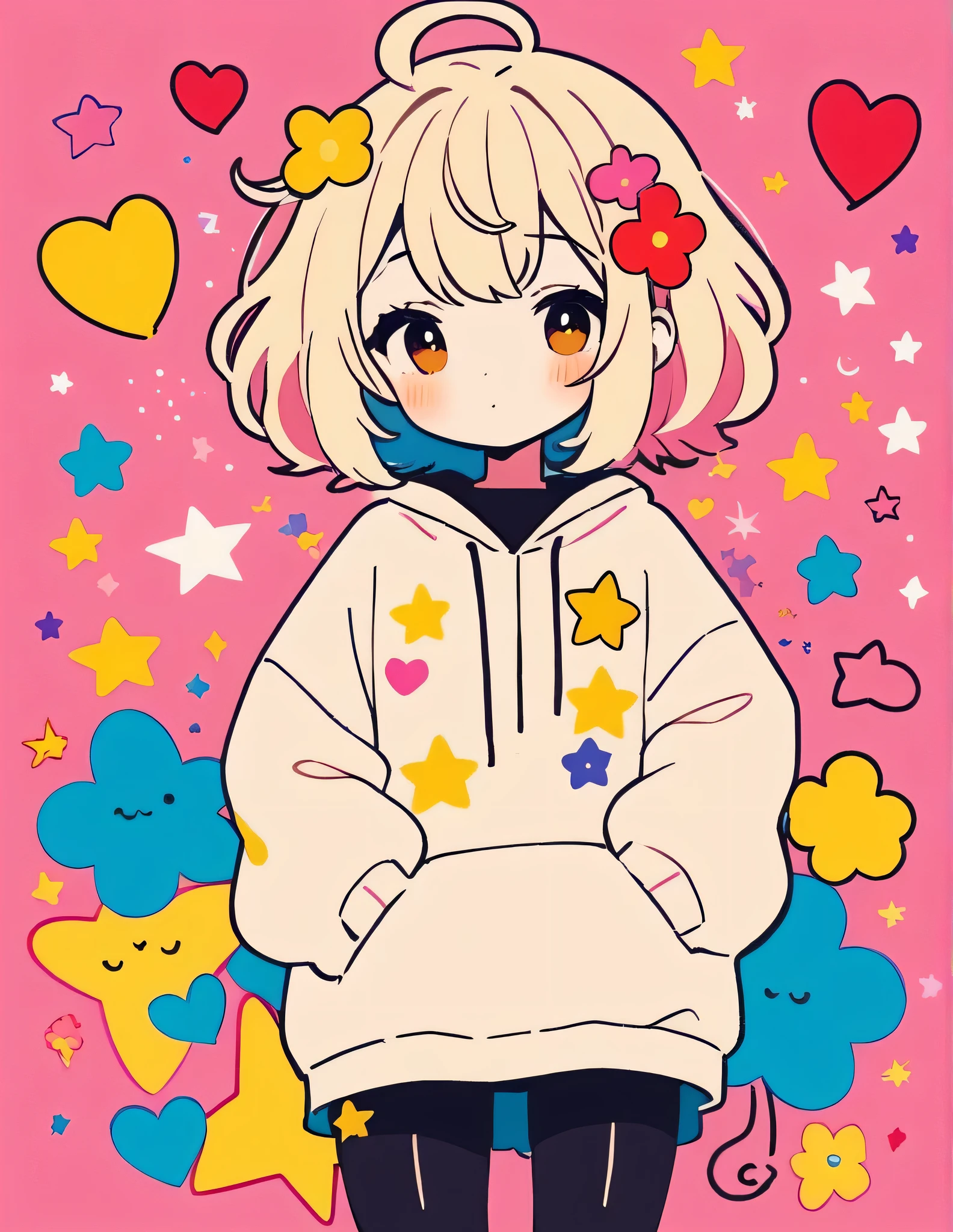 Mika Pikazo style, Simple Line Initialism,Abstract art,Kawaii Design, The most beautiful girl of all time、chibi, The background is star dust, colorful hearts, colorful flowers, (((nap)))