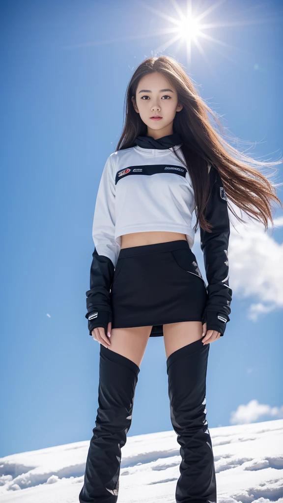 Female1, face, long hair, tight skirt, Huge clouds, I can see a little panties, big, Pabu gloss, 8 thousand, Hand details, Details, detailed eyes, perfect body, Voluminous body, Sexy Snowboard Uniform, Dolphin pants, small face, detailed face, perfect face, 아주 big 가슴, Small Hands, balance eye,