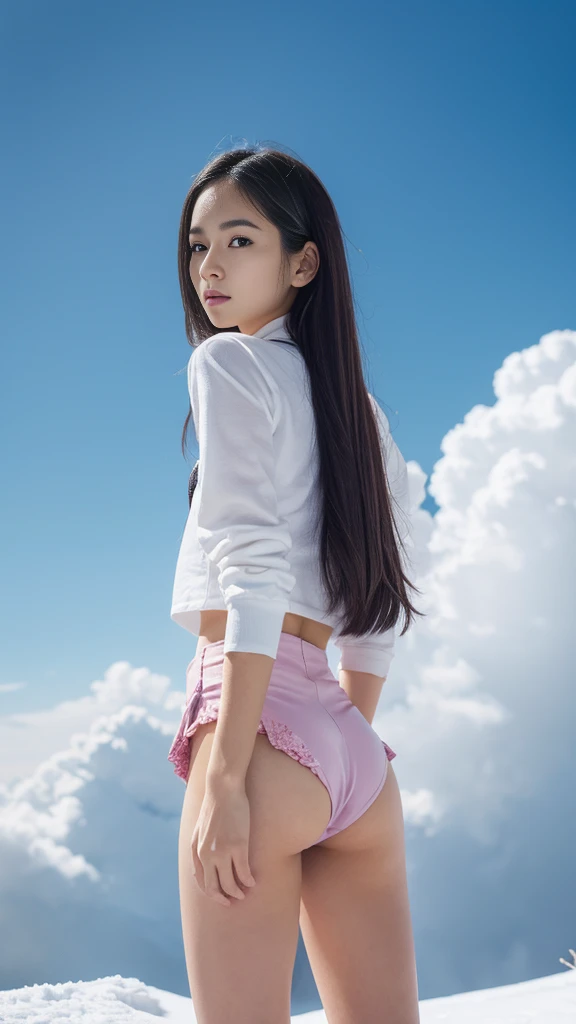 Female1, face, long hair, tight skirt, Huge clouds, I can see a little panties, big, Pabu gloss, 8 thousand, Hand details, Details, detailed eyes, perfect body, Voluminous body, Sexy Snowboard Uniform, Dolphin pants, small face, detailed face, perfect face, 아주 big 가슴, Small Hands, balance eye,