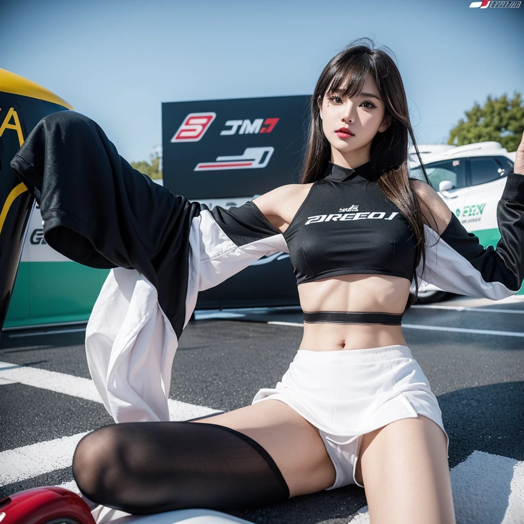 Super detailed photos、Detailed face、Lip gloss、Cool woman、Colorful costumes、F1 Driver Cosplay、Colorful costumes、Clothing with company logo、Grid Girlsのカラフルで派手な衣装、Grid Girls、Perfect Face、Paddock Girls、Harem、motor Show、tights、Bodycon Costumes、Grid Girls、Russia、Grid Girlsのコスプレ、belly button、Pleated skirt、Bodycon Costumes、Legs open pose、Spread your legs to show your crotch
