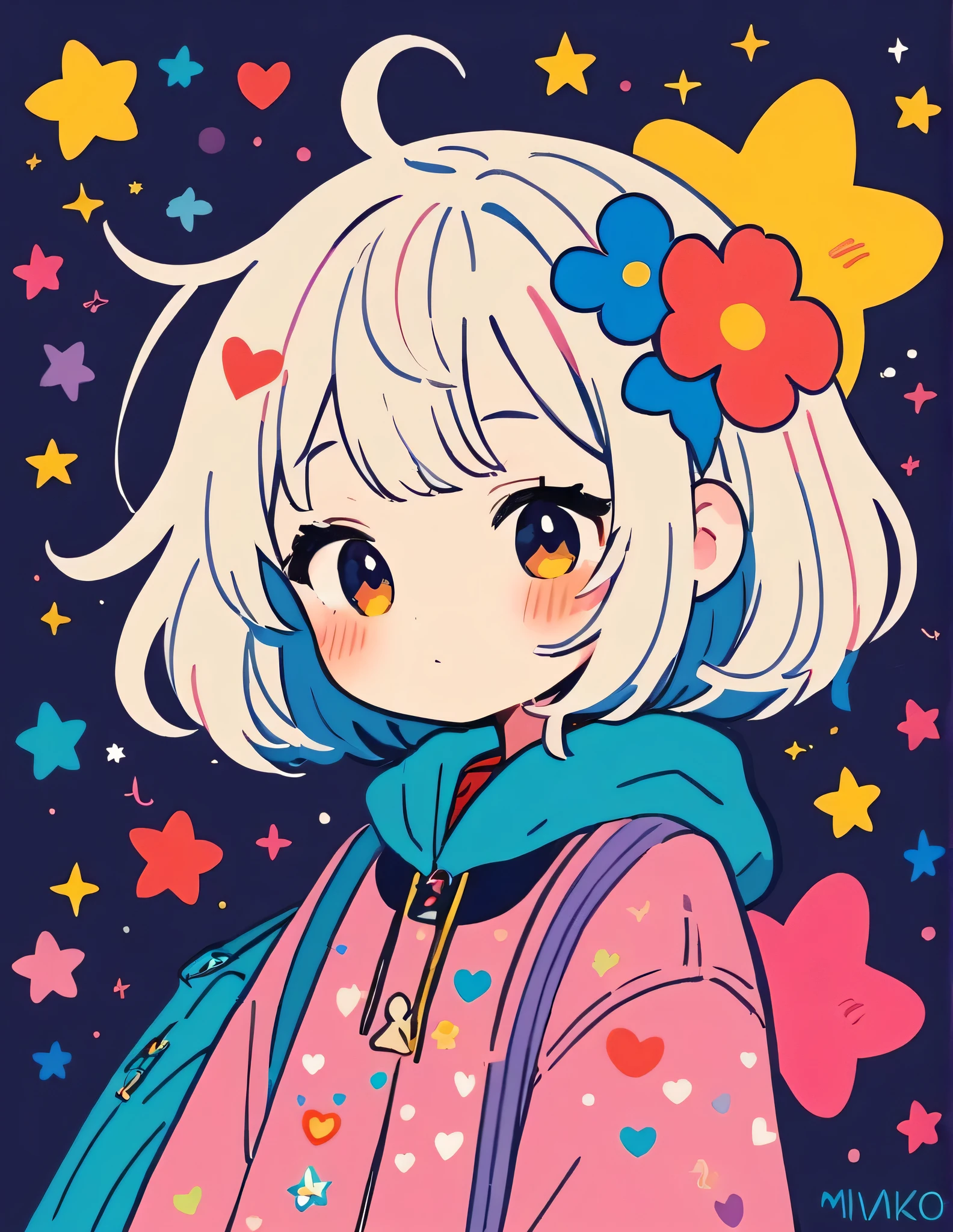 Mika Pikazo style, Simple Line Initialism，Abstract art，Kawaii Design, The most beautiful girl of all time、chibi, The background is star dust, colorful hearts, colorful flowers, (((nap)))