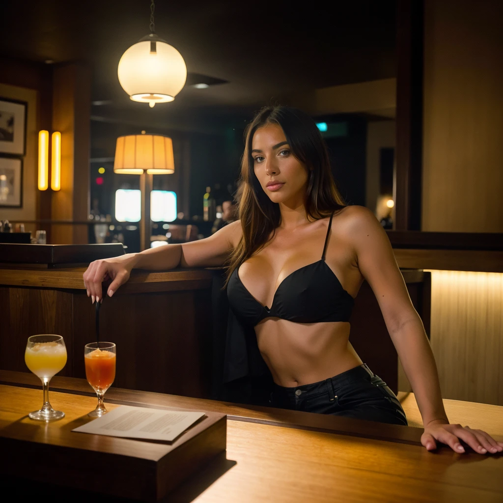 gorgeous young blond woman, In a bar seated at a table, with cocktail on table, wearing clothes woman, full body, model instagram, beautiful face, masterpiece, best quality, ultra-detalled, solo, shadows, contrast, cinematic light, side lighting, ultra high resolution, best shadow, RAW, 4k, 85 mm, poca profundidad de campo, Kodak Vision Color, extrem adamente detallado, Cinematographer_\(ultra, photoreallistic, Realstic, Postproceso, Maximum details, asper eza, vida real, ultra realista, fotorrealismo, Cinematographer, 8k UHD, Cinematographer