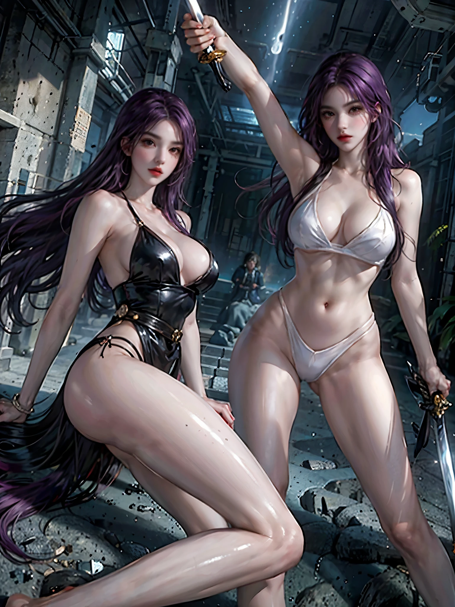 Soles of feet，Soles，Toes，Looking up，Lying down，2Women，Feet，Toes，Purple Hair，Sexy，naked jersey, Holding a long sword，Side Breast, Sexy的大腿，Delicate face, Dark eyes, A faint smile, Become a, Big breasts, Moonlit sky,Night sky background，Sea，Waves，Rose