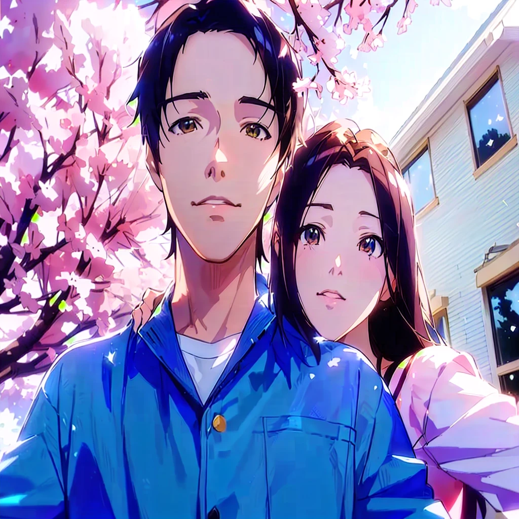 anime couple in front of a cherry tree with a house in the background, aesthetic award winning anime, slice of life anime, realistic anime 3 d style, 2 0 2 1 anime, centimeters away from my face, made with anime painter studio, ( ( makoto shinkai ) ), ( ( ( yoshinari yoh ) ) )