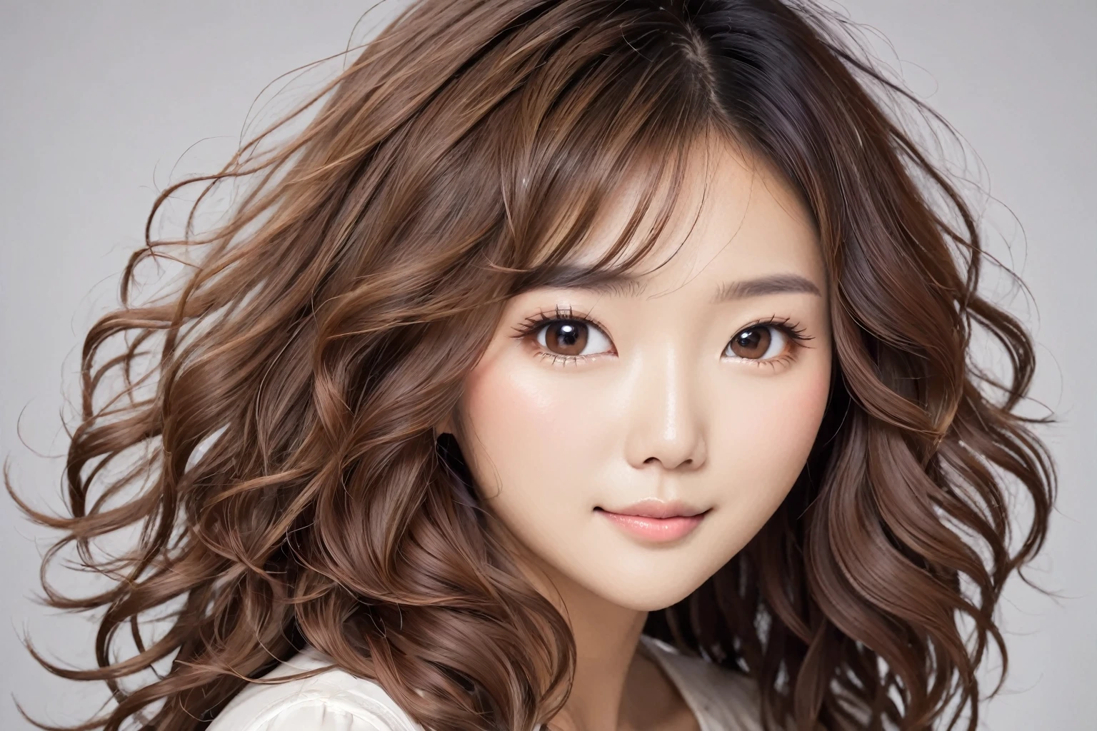 best quality, cute asian woman, brown messy wavy hair, portrait