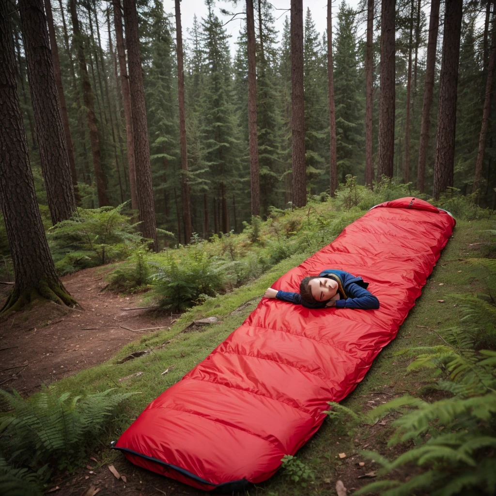 A girl lies in a red sleeping bag on the edge of the forest