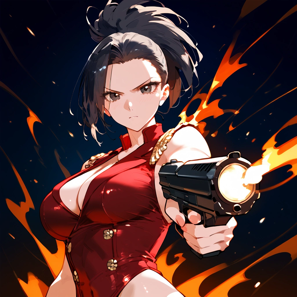 anime artwork, score_9, score_8_up, score_7_up, score_6_up, score_5_up, score_4_up, Momo Yaoyorozu, \\\\\\ big breasts, black eyes, she is 24 years old, style_3, floox style \\\\\ solo, gun, firing viewer