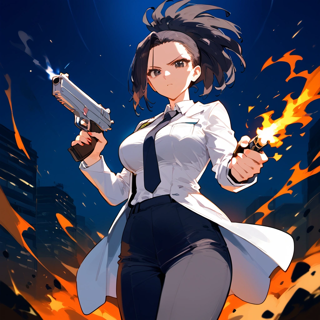 anime artwork, score_9, score_8_up, score_7_up, score_6_up, score_5_up, score_4_up, Momo Yaoyorozu, \\\\\\ big breasts, black eyes, she is 24 years old, style_3, floox style \\\\\ solo, gun, firing viewer