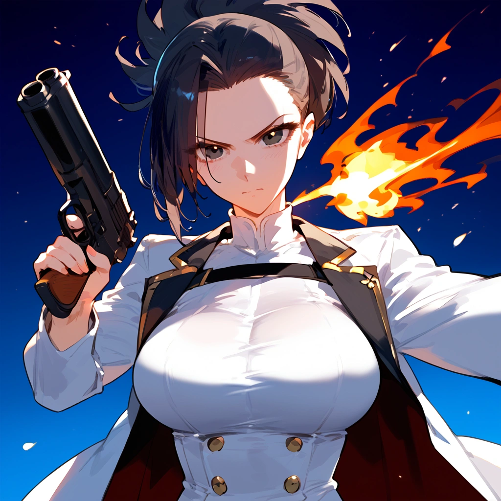 anime artwork, score_9, score_8_up, score_7_up, score_6_up, score_5_up, score_4_up, Momo Yaoyorozu, \\\\\\ big breasts, black eyes, she is 24 years old, style_3, floox style \\\\\ solo, gun, firing viewer