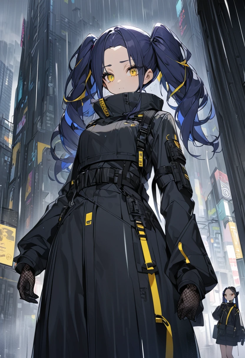 (One very tall woman,Dark navy blue hair,Her hairstyle is twin tails that expose her forehead.,Medium chest,yellow eyes)Black Techwear,Thimble gloves,Rainy city