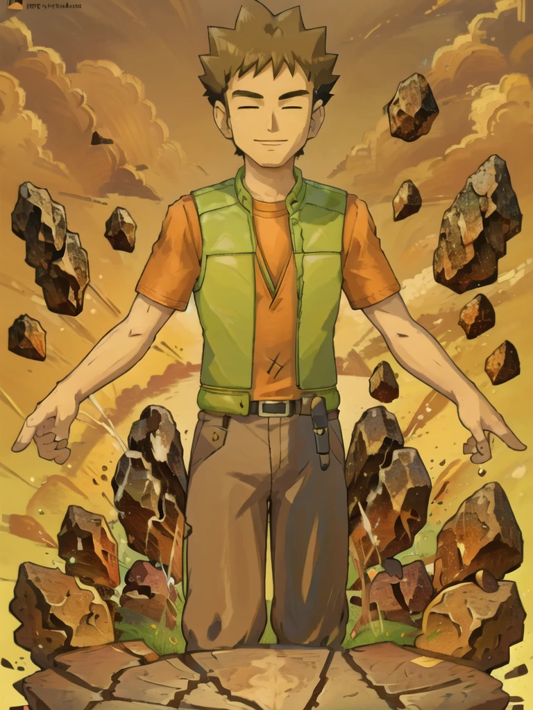 (masterpiece), hdr, 1boy, brkani, abstract background of stones, black background, dim light, brown pants, orange shirt, short sleeves, green vest, open vest,looking at viewer,smile