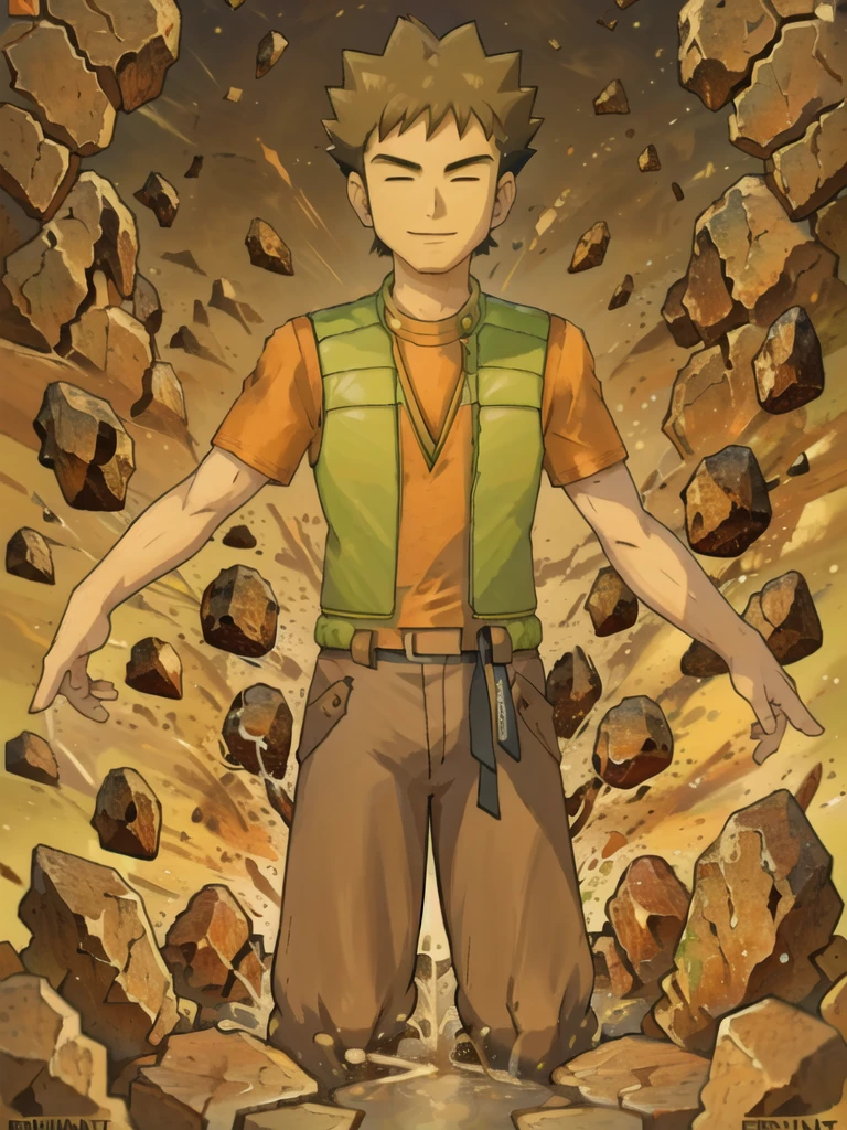 (masterpiece), hdr, 1boy, brkani, abstract background of stones, black background, dim light, brown pants, orange shirt, short sleeves, green vest, open vest,looking at viewer,smile