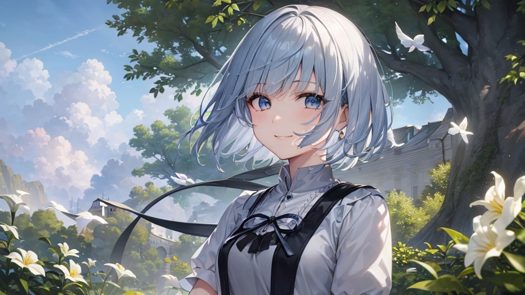 Ultra HD,Look at the viewers, Put your hands behind your back, With a girl, 20-year-old, 非常にShort Hair, Long bangs between the eyes, Pale blue eyes,  Very detailed,(masterpiece、Highest quality),Gray Hair、Laughter、Fantastic, Silver Hair, Iris,  Short hair、 Fluttering Hair、Small Face、明るいsmile、(Detailed face) ,Professional Lighting,Wonderful landscape,blue sky, sunlight,Looking down from above,Portraiture、Open your mouth、Flower Field、Her eyes were shining、Mysterious and enchanting atmosphere。With AI Painting、とてもShort Hair, Long bangs between the eyes, Very detailed,(masterpiece、Highest quality)、alone、Gray Hair、Fantasy, Silver Hair, Fantasyな風景、White shirt、smile、Open your mouth、short hair、Short Hair、hairpin、black eye、Grey Eyes、Beautiful Eyes、