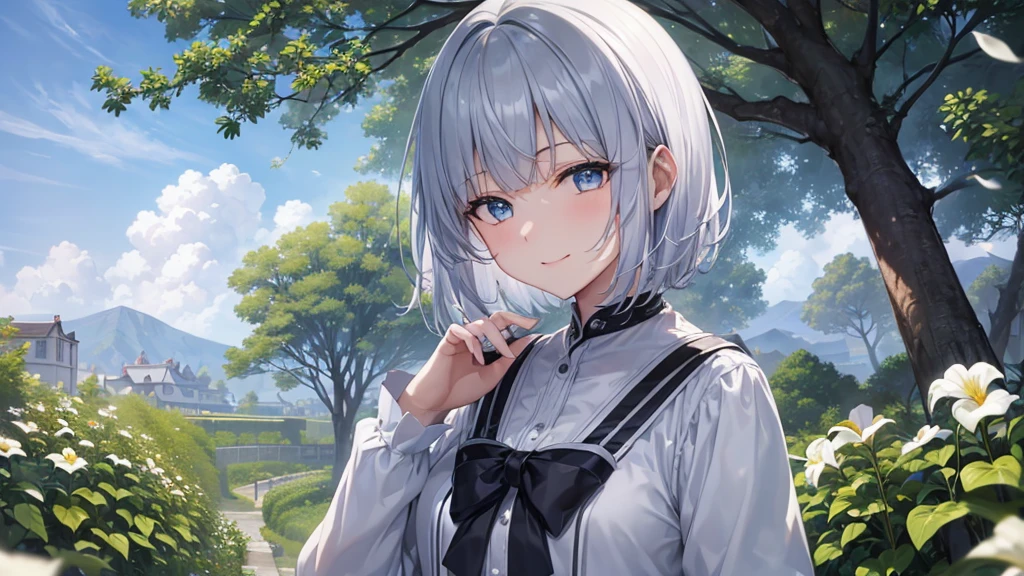 Ultra HD,Look at the viewers, Put your hands behind your back, With a girl, 20-year-old, 非常にShort Hair, Long bangs between the eyes, Pale blue eyes, Very detailed,(masterpiece、Highest quality),Gray Hair、Laughter、Fantastic, Silver Hair, Iris, Short hair、 Fluttering Hair、Small Face、明るいsmile、(Detailed face) ,Professional Lighting,Wonderful landscape,blue sky, sunlight,Looking down from above,Portraiture、Open your mouth、Flower Field、Her eyes were shining、Mysterious and enchanting atmosphere。With AI Painting、とてもShort Hair, Long bangs between the eyes, Very detailed,(masterpiece、Highest quality)、alone、Gray Hair、Fantasy, Silver Hair, Fantasyな風景、White shirt、smile、Open your mouth、short hair、Short Hair、hairpin、black eye、Grey Eyes、Beautiful Eyes、
