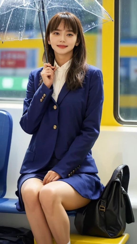 (((smile、Focus on the eyes:1.1、Extremely detailed:1.22、Ultra-high resolution、masterpiece:1.45、Highest quality)))、"Rainy day evening、Japan on the train。Navy blue blazer、White shirt、Red ribbon、Pleated skirt、White knee-high socks、Wearing black loafers。The school emblem is embroidered on the uniform.。Carrying a black backpack、holding a clear plastic umbrella。Her hair is medium-long and black.、My bangs are wet from the rain and stick to my forehead。She stares out the window、Raindrops are running down the window。The train was crowded with people during the evening rush hour.、There are other passengers too.。A rain-soaked cityscape can be seen in the background.。The light inside the train is warm、The soft glow on her face。"