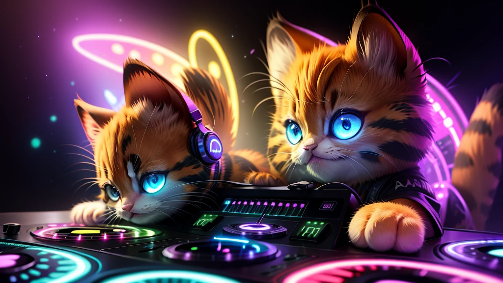 Detailed DJ cute kitten DJ Controller with Neon, Super vibrant music lights. Adorable kitren. Smiled kitten., 