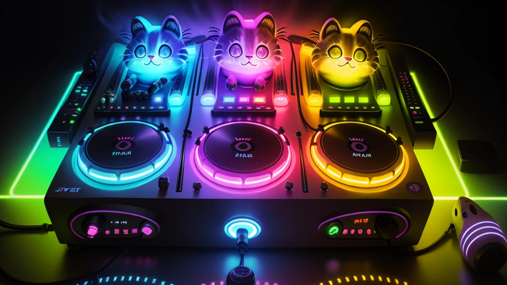 Detailed DJ cute kitten DJ Controller with Neon, Super vibrant music lights. Adorable kitren. Smiled kitten., 