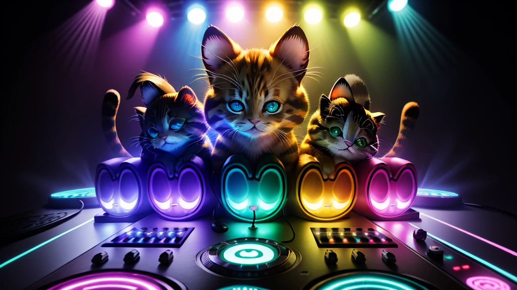 Detailed DJ cute kitten DJ Controller with Neon, Super vibrant music lights. Adorable kitren. Smiled kitten., 