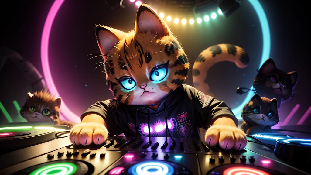 Detailed DJ cute kitten DJ Controller with Neon, Super vibrant music lights. Adorable kitren. Smiled kitten., 