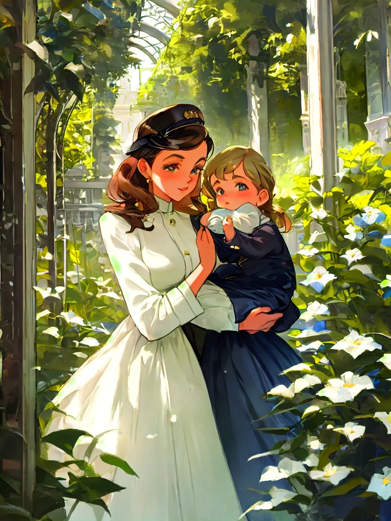 fashionable 1950s female lady police dress skirt uniform, cradling baby in her arms in atmospheric garden
