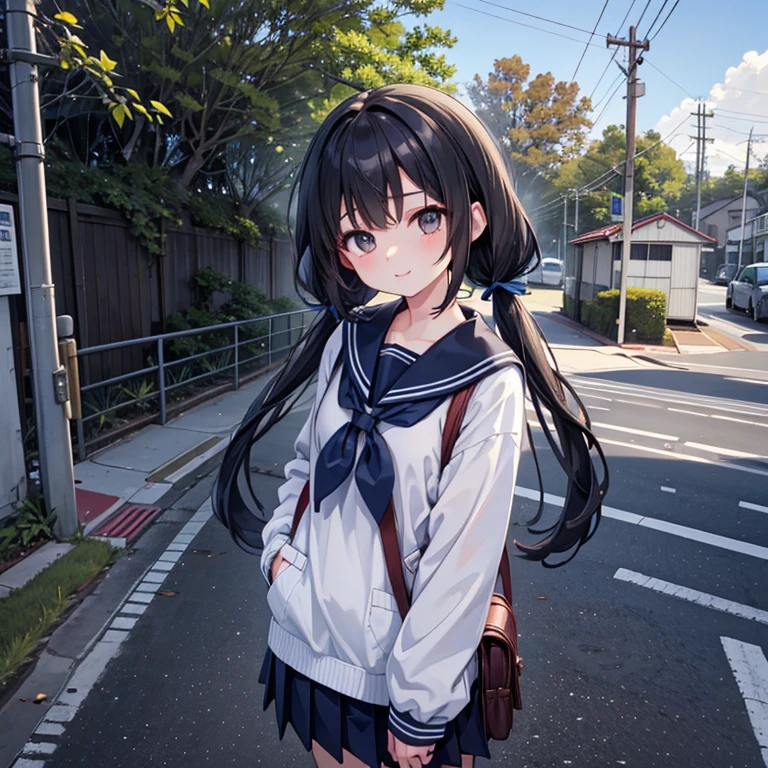 1girl, standing, head tilt,
sea in the distance, (downhill), wide single road to the back in Japan, port city, distant urban cityscape,
gentle smile, ,
(brown eye),
(low twintails girl), low pigtails, black hair, very long hair,
navy blue sailor uniform with blue ribbon, long sleeves,
1 school bag on right shoulder,
city area, stylish, urban,
electric pole, white line on the road, tree on side, white residences on side,
gantry crane, nice views, afternoon, spring,
from front, from a little above,
anime, high brightness, detailed face, detailed eyes,
high quality, ultra detailed, masterpiece, FHD