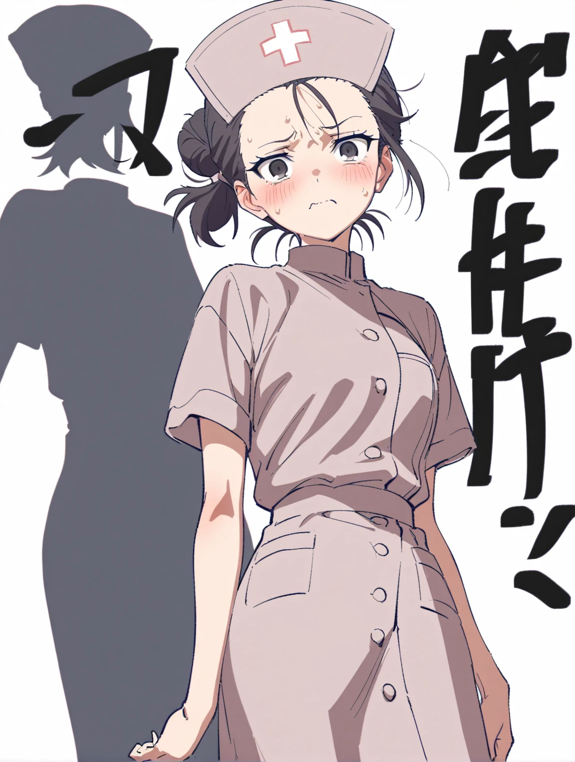 {{{sincos (sincos), girl, no human, waist-length}}}, 1 girl, nurse, wear a medical gown, waist-length, black eyes, tired face, weak facial expressions, hair tied at the back of the head in a bun, hair ivory color, stands directly towards the viewer, looking at viewer. white background, blank background.