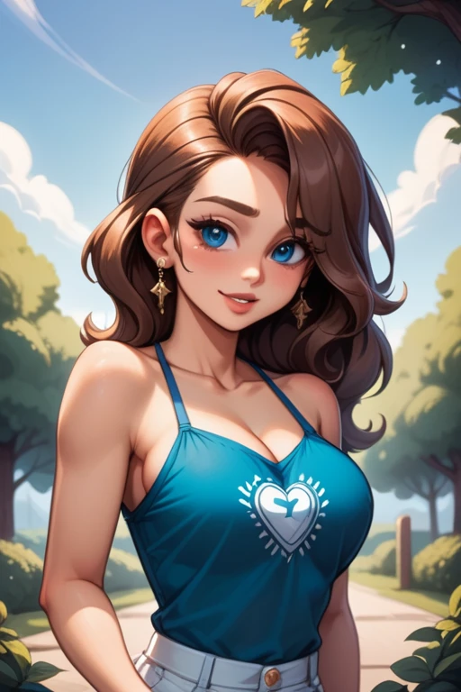 young woman; shoulder-length wavy brown hair; light-brown-skin; blue eyes; girl-next-door; soft features; beautiful; large breasts; casual clothing; form-fitting clothes; in the park; saucy pose; best quality; trending on artstation; complex volumetric lighting; warm incandescent; strong shadows; artistic lighting; dynamic; energetic vibe; subsurface scattering; specular highlights; micro-textures;