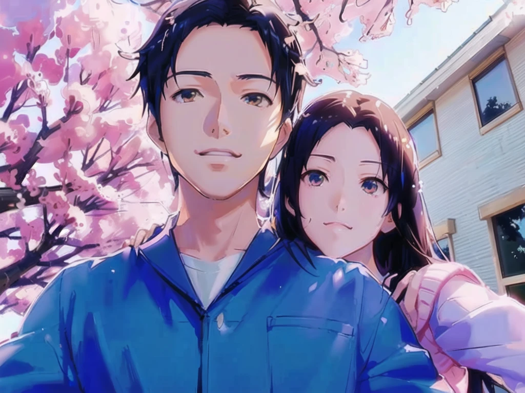 anime couple in front of a cherry tree with a house in the background, aesthetic award winning anime, slice of life anime, realistic anime 3 d style, 2 0 2 1 anime, centimeters away from my face, made with anime painter studio, ( ( makoto shinkai ) ), ( ( ( yoshinari yoh ) ) )