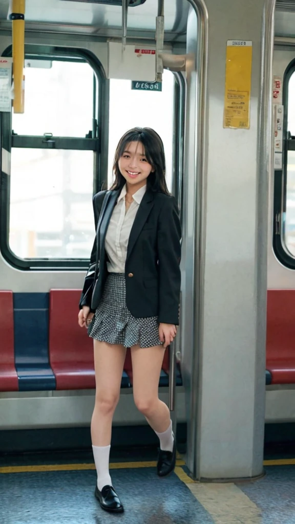 (((smile、Focus on the eyes:1.1、Extremely detailed:1.22、Ultra-high resolution、masterpiece:1.45、Highest quality)))、"Rainy day evening、Japan on the train。Navy blue blazer、White shirt、Red ribbon、Pleated skirt、White knee-high socks、Wearing black loafers。The school emblem is embroidered on the uniform.。Carrying a black backpack、holding a clear plastic umbrella。Her hair is medium-long and black.、My bangs are wet from the rain and stick to my forehead。She stares out the window、Raindrops are running down the window。The train was crowded with people during the evening rush hour.、There are other passengers too.。A rain-soaked cityscape can be seen in the background.。The light inside the train is warm、The soft glow on her face。"