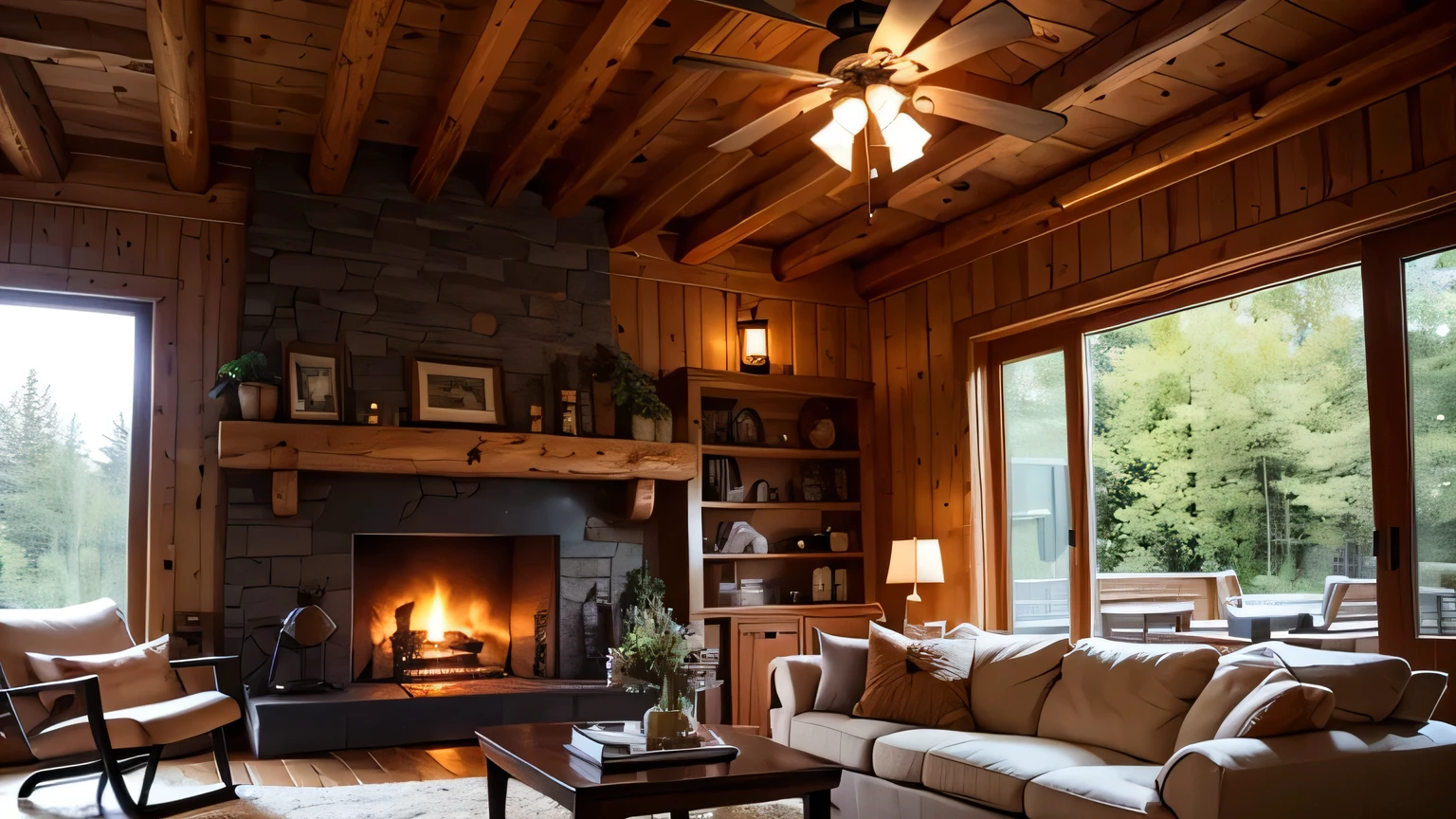 Woodsy log home construction, living room close up with fireplace and sofa, fireplace lighting, cozy fireplace, warm interior, cozy contemporary living room, inviting ambiance, large living room setting, fresh modern look, modern style,. Warm Lighting Interior, Alighting Fireplace, Modern Rustic, Cozy and Serene, Cozy Atmosphere, Ambiance, Living Room Atmosphere, Warm Interior, Wall TV, High Ceiling
