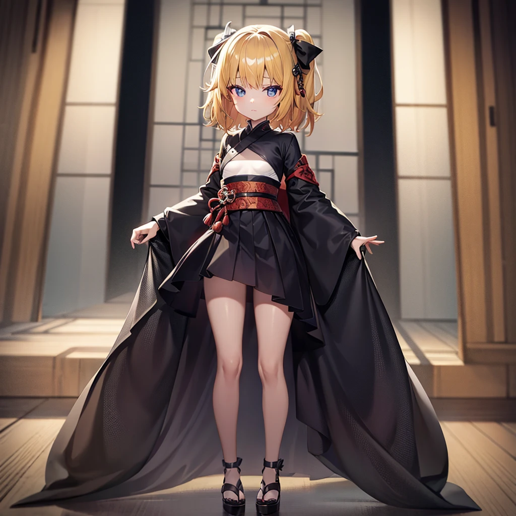 (Japanese style goth ),(Revealing clothing),Cute little ,Tiny ,Small girl,,Childish face, Very fine clean face,Top quality,Straight Hair,Yellow hair,(Dark Room), Subtle light, Natural light,Soft lighting,Light from directly behind, (Are standing),Front view,Black background