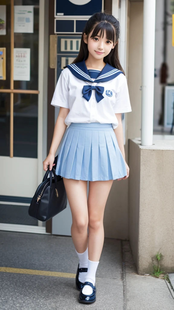 Japanese、18-year-old、high school girl、Light blue sailor mini skirt、whole body、Black Loafers
