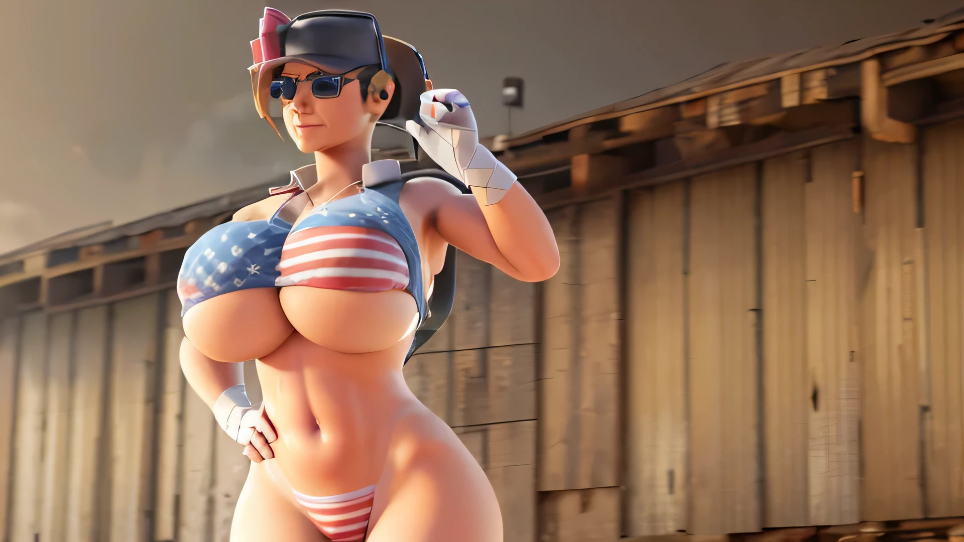 busty Femscout from Team Fortress 2 posing seductively at the beach, (wearing an american flag print bikini), (stars and stripes), with her bare skin exposed, wide hips, shapely, beautiful, full-figured, a huge booty and ass, huge bosom, big sweaty boobies, ((ridiculously big tits)), (massive perky boobs), and thick thighs, sexy, (1girl), faceless, sweating, hot, clear background, high detail, masterpiece, sunglasses, saluting