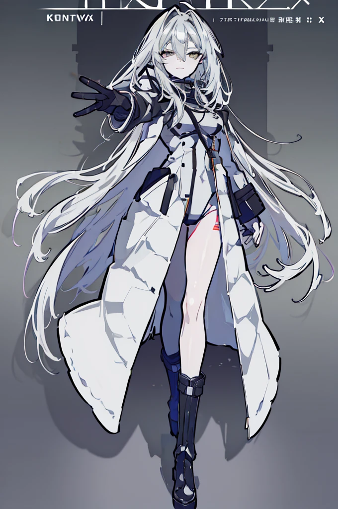 ((Pixiv)),(masterpiece_portrait),(Color Field),(Cyberpunk),(Full Metal Panic),(10s-anime-aesthetic),( 1 girl), light smile, curvy, medium breasts, sharp face, spiked_hair, two-tone hair,gray hair, hair between eyes, very_long_hair, half closed eyes, yellow eyes, Closed mouth, reaching out, cowboy shot, Standing, Clenched_hand, Black leotard, Over-kneehighs, White Overcoat, capelet, high_heel_boots