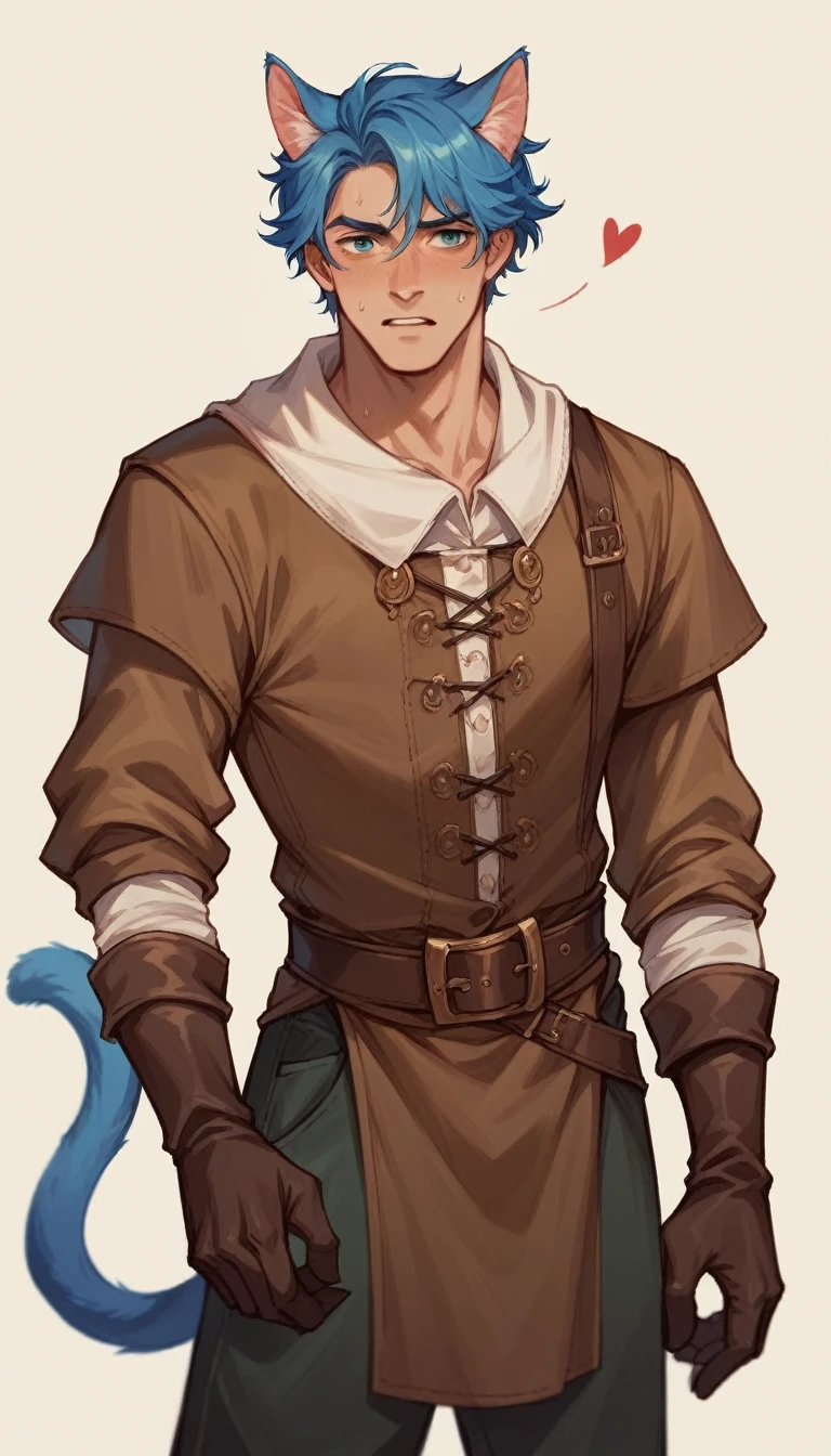 a male teenager with a cat's tail and blue ears wearing medieval miner's fantasy clothes