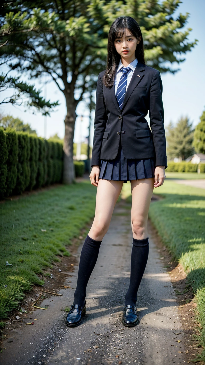 (8K、RAW Photos、Highest quality、masterpiece:1.2)、(Realistic、Realistic)、1 Girl、((blackチェックミニスカート、High school uniform、blazer、Navy Socks、loafers、Medium Hair、black、Thin legs、garden、View from the front、Looking into the camera、Stand with hands on hips))、cute