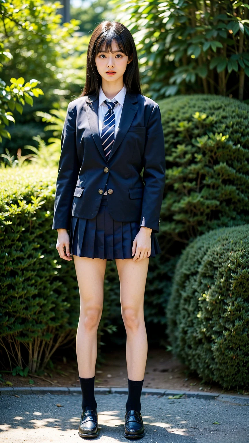 (8K、RAW Photos、Highest quality、masterpiece:1.2)、(Realistic、Realistic)、1 Girl、((blackチェックミニスカート、High school uniform、blazer、Navy Socks、loafers、Medium Hair、black、Thin legs、garden、View from the front、Looking into the camera、Stand with hands on hips))、cute