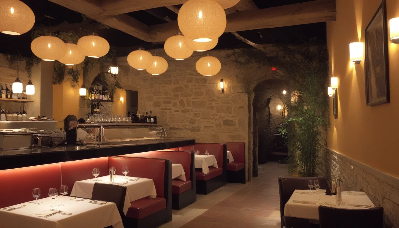 great restaurent with some lamps and a table in mid