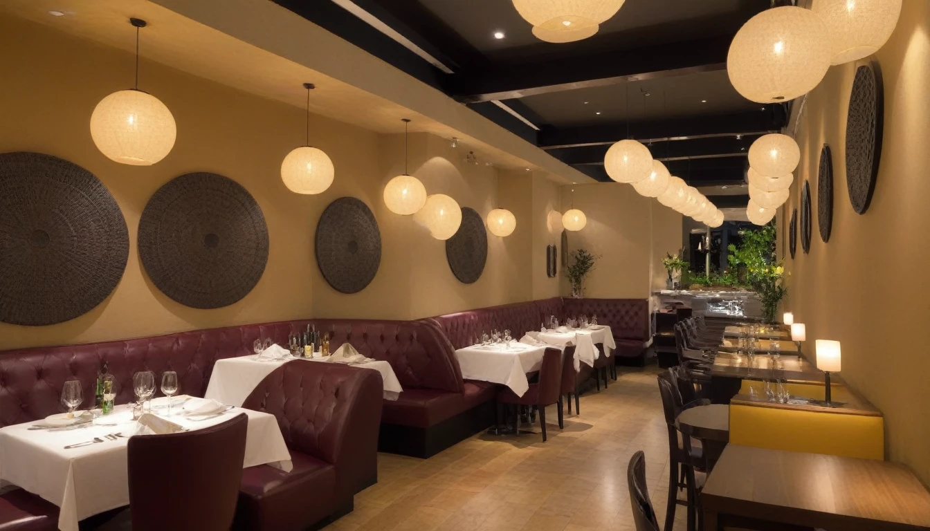 great restaurent with some lamps and a table in mid