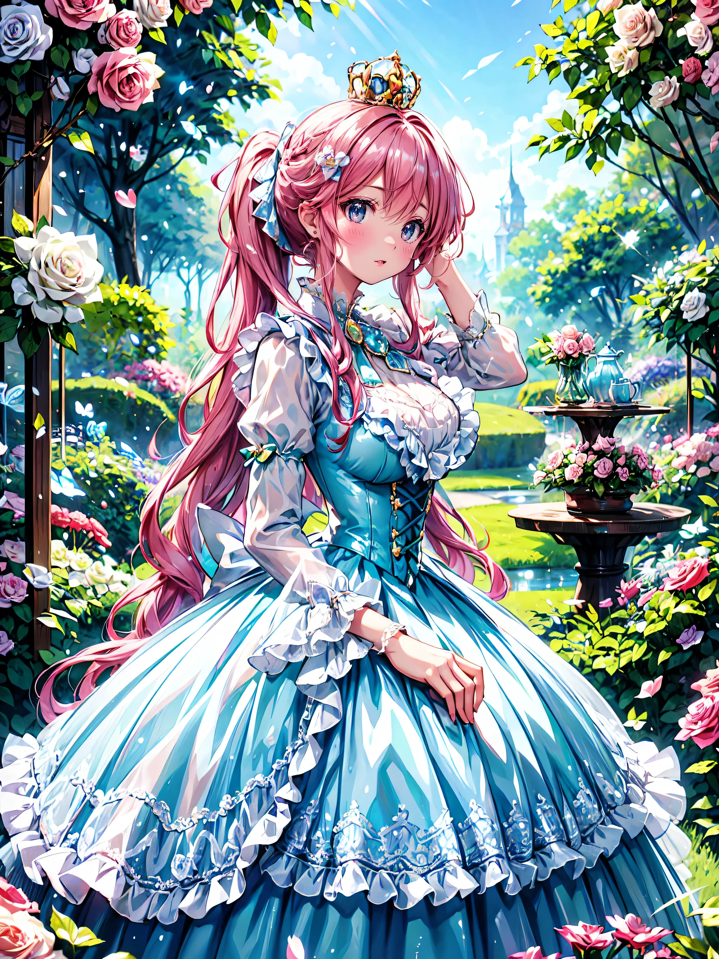 (((young face solo Captivating Adorable princess))), (((dress opal dress)))), (((Unsurpassed gorgeous rococo victorian gown with voluminous hoopskirt and long hems, princess style skirt))), (gown brilliances dazzlingly glitter reflective prismatic transparency gown:1.2), (gown ultra elaborate gown:1.5), ((huge breasts)), ((hair pink hair)), ((ponytail fluffy long ponytail)), (Expressive hair), very voluminous and very long hair, bangs, super delicate and beautiful face, beautiful lips, (hyper detail delicate beautiful eyes blue eyes), breasts cleavage, hair ornament silver ornament, beautiful smile, ((upper body)), (arched back:1.5:hands on head:1.5:on side:1.5),
(((Masterpiece, Super detail, top quality, ultra high res, Spectacular Quality, Distinguished Quality))),
brilliance, glare, glitter, reflection, prism, transparency, (wonderland garden roses garden:1.3), elegant tea party in wonderland,