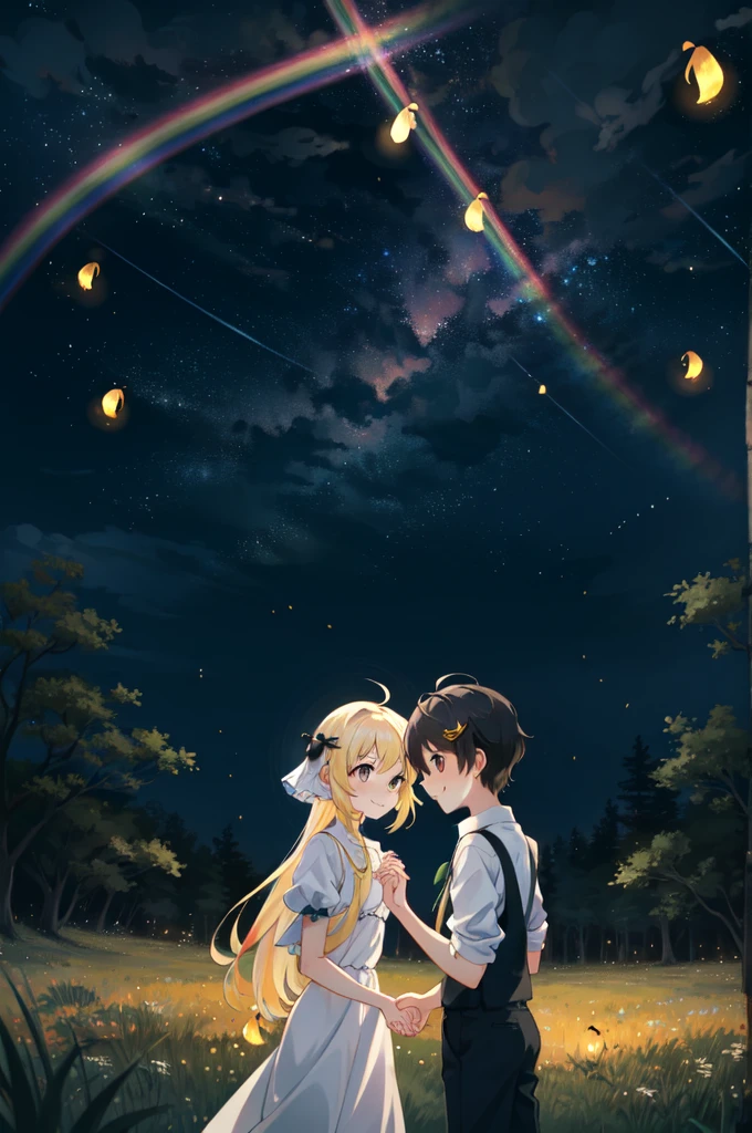 Night, night sky, meadow, surrounded by fireflies, surrounded by small light balls, circled by small light balls, Cheerful smile, holding out hands to catch fireflies, holding out hands to catch light balls, illuminate by small light balls, rainbow colored small light balls, tornado of fireflies