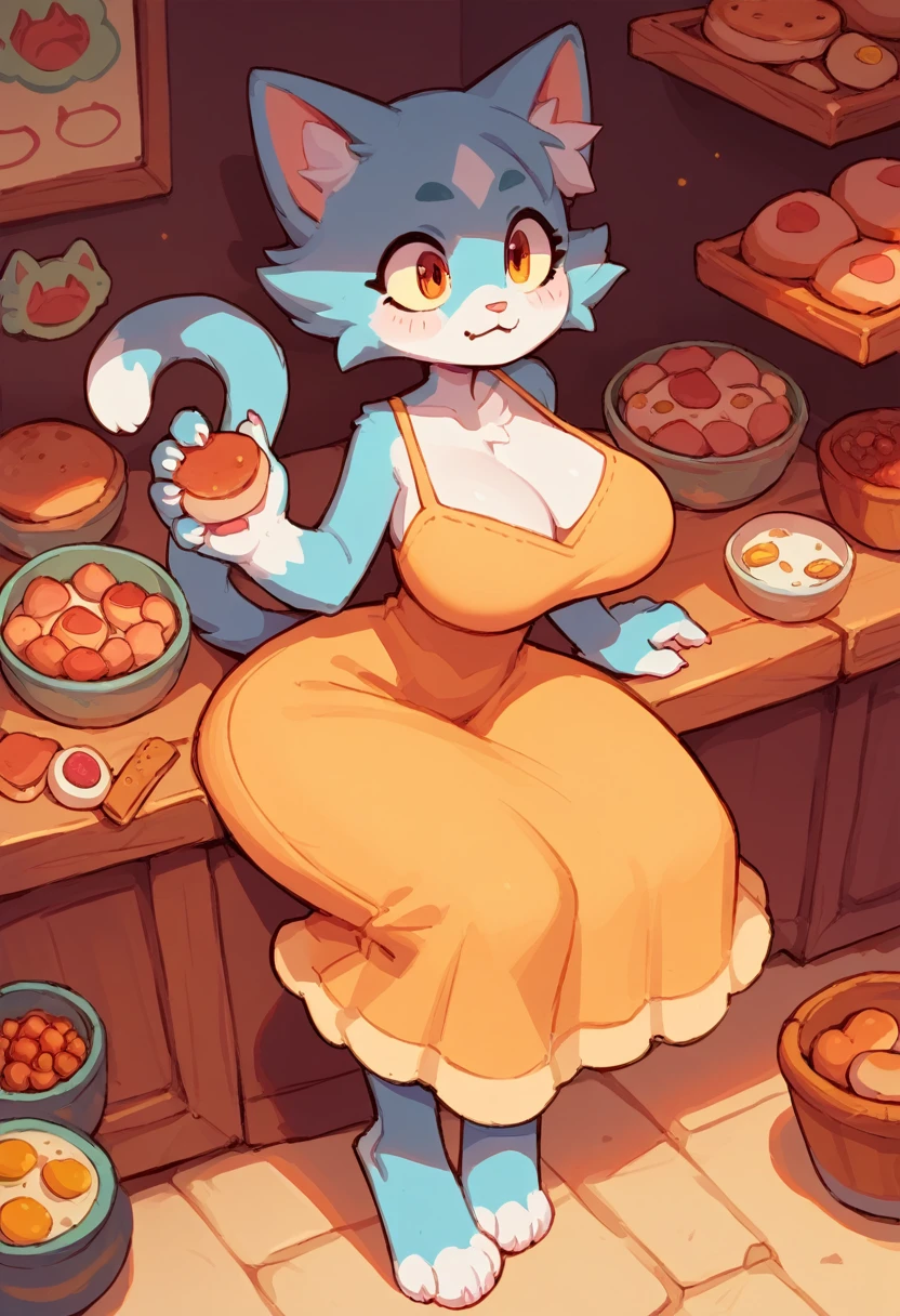 The Q version of the cute furry cat, anthro, female cat, big breasts, big hips, female body, woman, female, dress, paws, beans