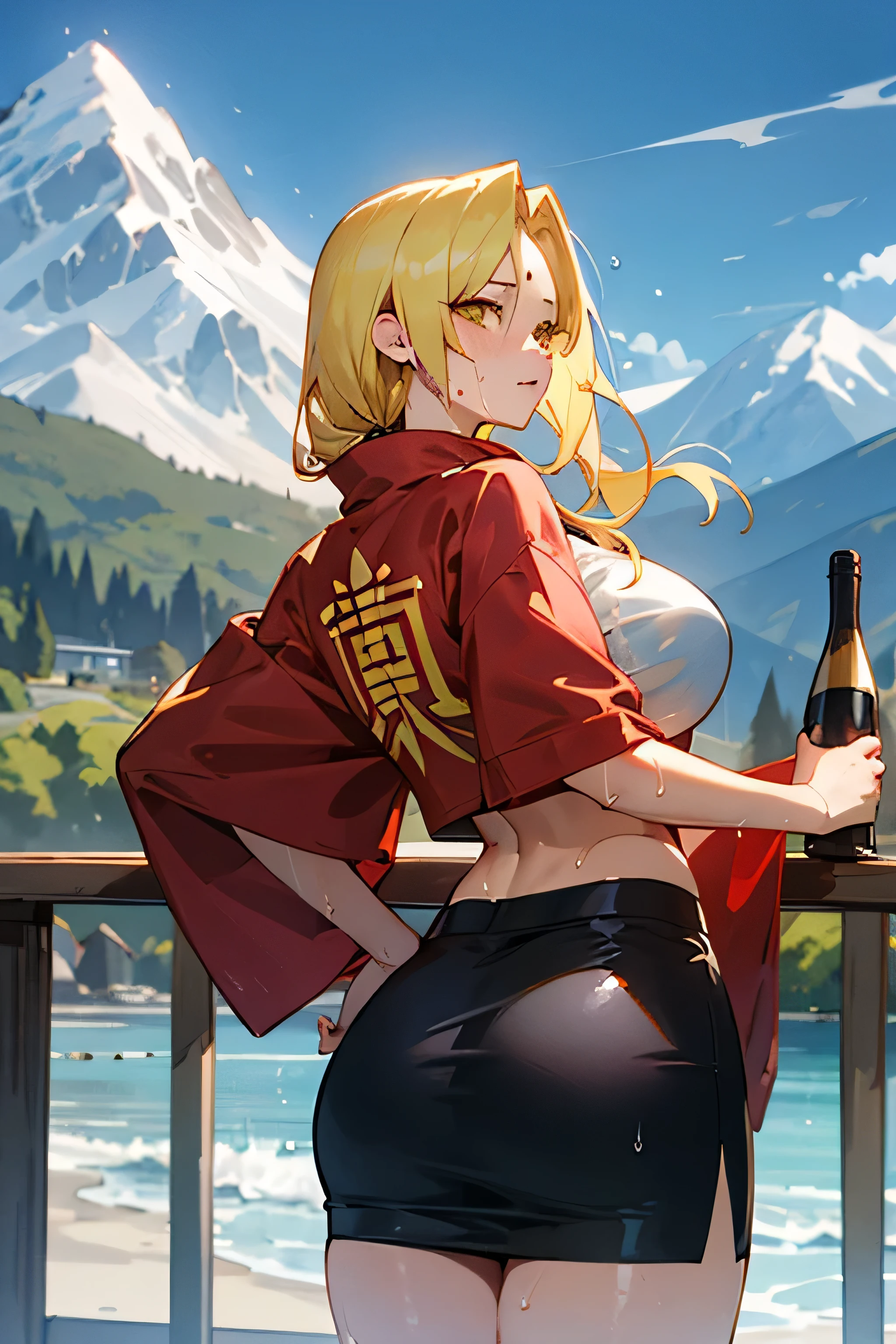 1 Girl, Tsunade, Yellow hair, Yellow eyes, Clothes green, Practical, Ultra Detailed, Huge breasts, Huge breasts, Huge ass, Wet sweat,Back，Flip hair，Holding a wine bottle，There are mountains in the distance，With your back to the audience，Hip skirt，Ultra-high quality，