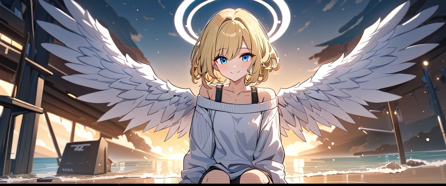 ((angel, big big white wings:1.3, halo:1.3)), sea, beach, (((spread arms))), (((full body))), ((flying)), archangel Uriel, ((wavy hair, outward curled hair)), evening, Sunset, ((blond hair, bob cut:1.3)), , teenager, (looking at viewer), oversized clothes, puffy long sleeves, collarbone, ((off-shoulder sweater:1.3, Quite thick shoulder straps)), ((white sweater)), collarbone, head tilt:1.3, (((blue eyes))), ((happy smile)), (((anime style))), (best quality, 4K, 8K, highres, masterpiece:1.2, ultra-detailed, ultra-detailed eyes, HDR, uhd, studio lighting, ultra-fine painting, sharp focus, physically-based rendering, extreme detail description, professional, vivid colors, bokeh)